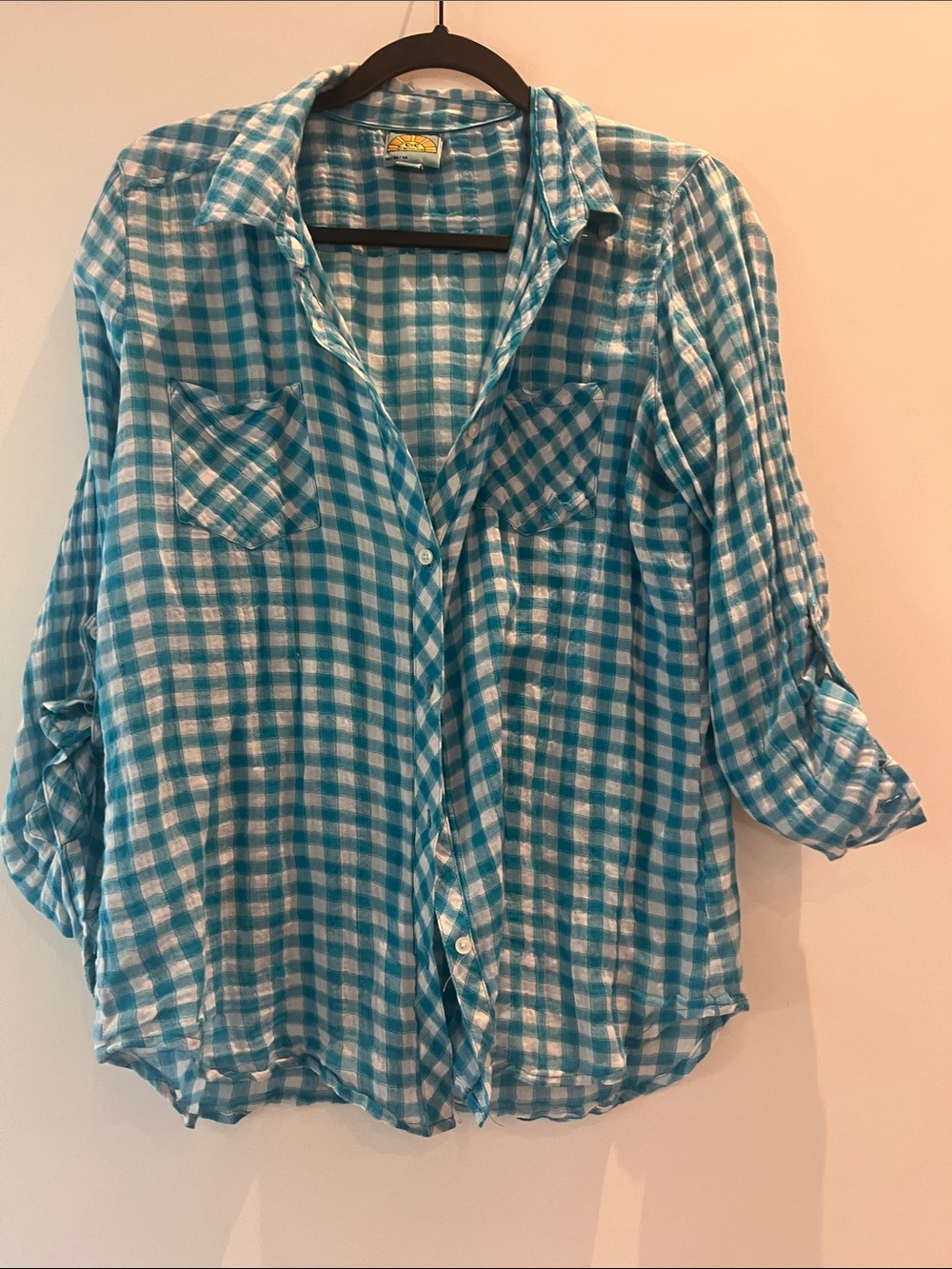 C.C California Teal and White Gingham Button-Up Shirt size Medium
